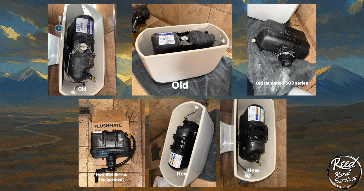 Flushmate pressurized tank replacement in a restaurant bathroom by Reed Rural Services